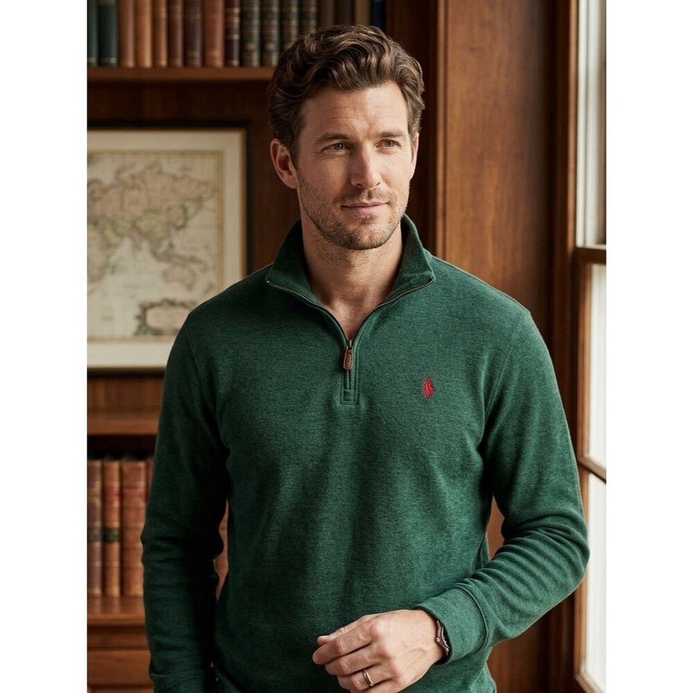 Ralph Lauren Polo Sweater Green Pullover 1/4 Zip Long Size Large